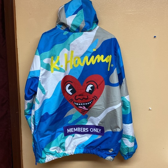 Members Only X Keith Haring Anorak Windbreaker Jacket Mens Blue Camo Size L - Picture 1 of 11